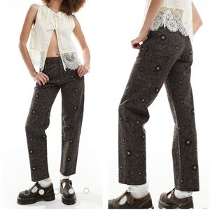 Dickies Ellis Floral Print Pants Dark Brown Size 26 Cotton Straight Leg Mid Rise